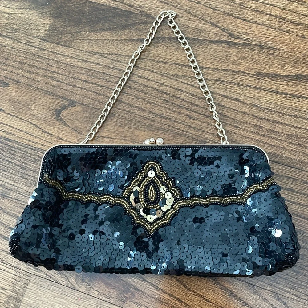 The Limited Black Sequin and Gold Beaded Clutch Handbag
